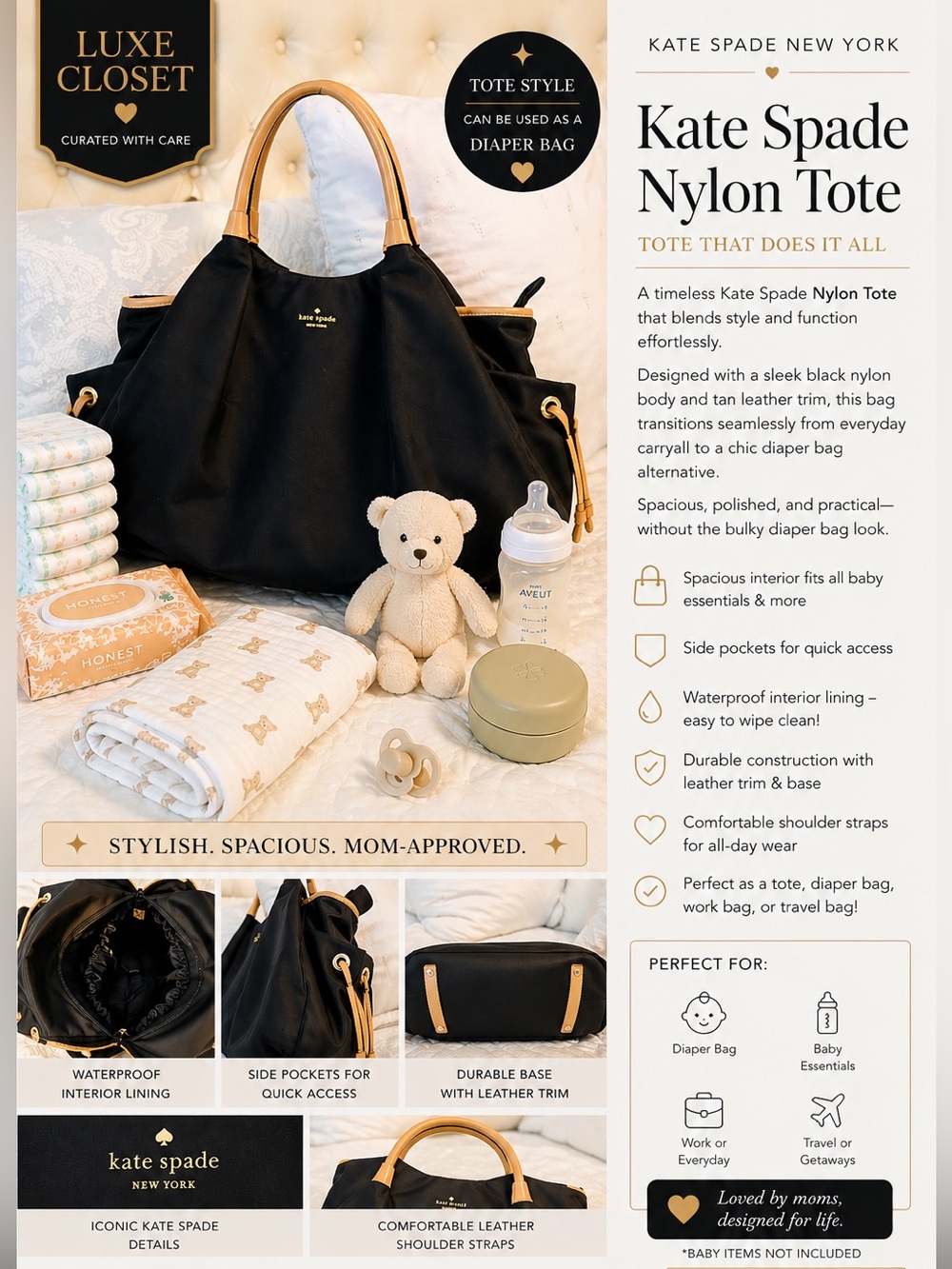 Kate Spade Black Diaper Bag / Tote with Tan leather  Trim